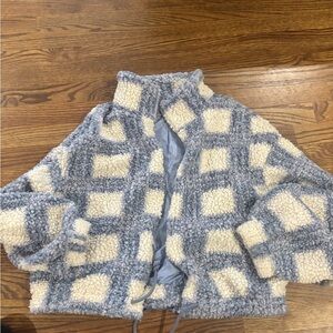 American Threads  Cozy Cropped Sherpa Plaid Pullover Jacket Medium Large Women